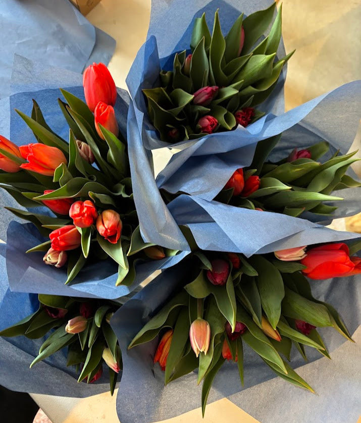 assorted tulip bouquets in colors of orange, dark purple, and pink.